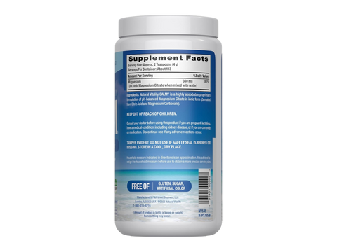 Natural Vitality CALM Magnesium Drink Mix Original Unflavoured Supplement Facts & barcode Label 453g Powder