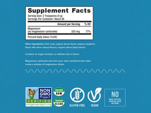Natural Vitality CALM Magnesium Drink Mix Raspberry Lemon Flavour Supplement Facts Label Powder