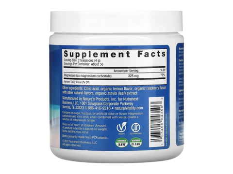 Natural Vitality CALM Magnesium Drink Mix Raspberry Lemon Flavour Supplement Facts & barcode Label 226g Powder