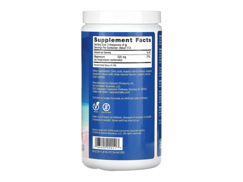 Natural Vitality CALM Magnesium Drink Mix Raspberry Lemon Flavour Supplement Facts & barcode Label 453g Powder