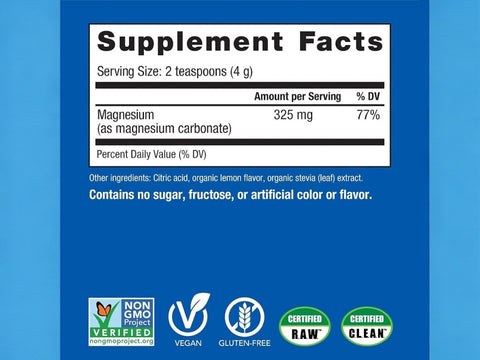 Natural Vitality CALM Magnesium Drink Mix Sweet Lemon Flavour Supplement Facts Label Powder
