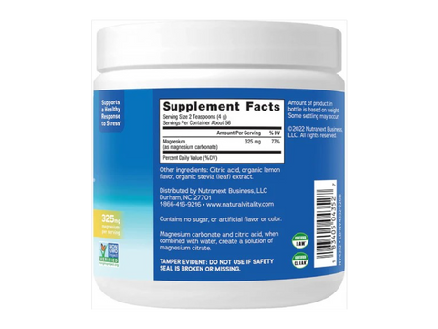 Natural Vitality CALM Magnesium Drink Mix Sweet Lemon Flavour Supplement Facts & barcode Label 226g Powder
