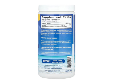 Natural Vitality CALM Magnesium Drink Mix Sweet Lemon Flavour Supplement Facts & barcode Label 453g Powder