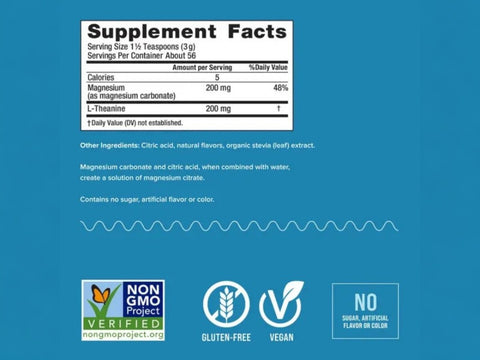 Natural Vitality Calm Mind Magnesium plus L-Theanine Drink Mix Honey Vanilla Supplement Facts Label 168g Powder