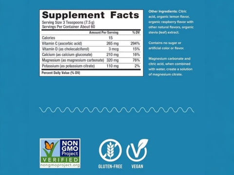 Natural Vitality CALM Plus Calcium Magnesium Drink Mix Raspberry Lemon Flavour Supplement Facts Label Powder