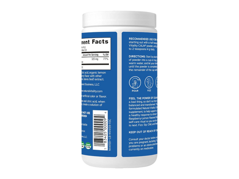 Natural Vitality Raspberry Lemon Drink Mix Supplement Facts & barcode Label 113g Powder
