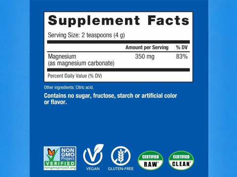 Natural Vitality CALM Magnesium Drink Mix Original Unflavoured Supplement Facts Label 113g Powder