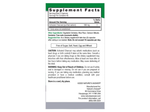 Nature's Answer Activated Charcoal Capsules 90 count supplement facts and directions