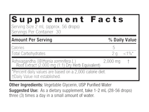 Nature’s Answer Ashwagandha liquid extract supplement facts 60ml bottle