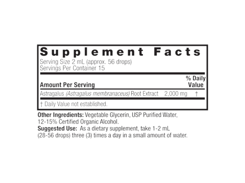 Nature’s Answer Astragalus supplement facts low alcohol 30ml back label on a white background