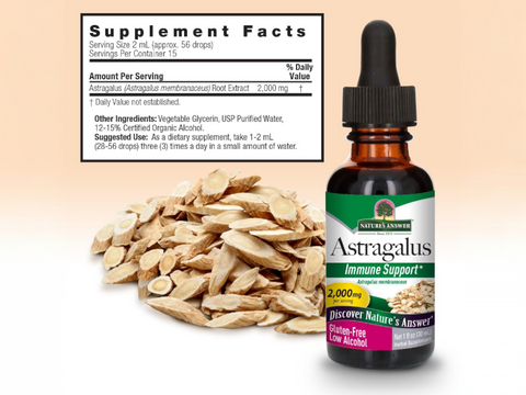 Nature’s Answer Astragalus supplement facts low alcohol 30ml back labelon a beige background