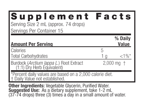 Nature’s Answer Burdock Root liquid extract supplement facts 30ml bottle
