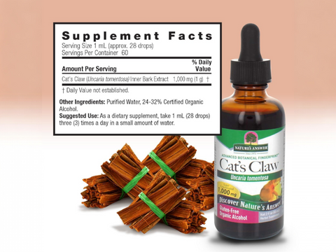 Nature’s Answer Cat’s Claw supplement facts low alcohol 60ml back label on a light pink background