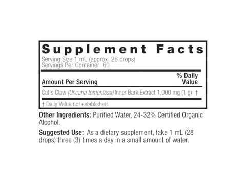 Nature’s Answer Cat’s Claw supplement facts low alcohol 60ml back label