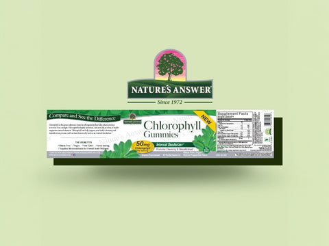 Nature’s Answer Chlorophyll gummies 60 count barcode on a light green background