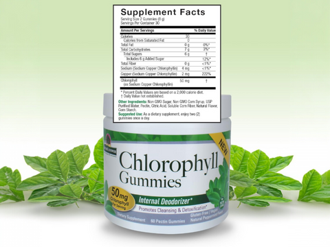 Nature’s Answer Chlorophyll gummies ingredient label 60 count back viewand green leaves in the background