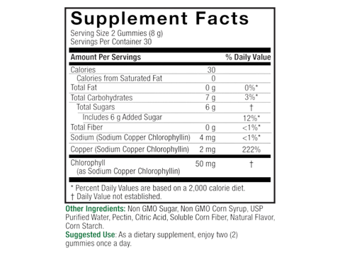 Nature’s Answer Chlorophyll gummies ingredient label 60 count back view