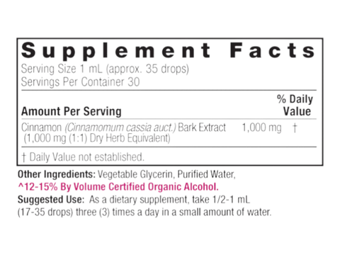 Nature’s Answer Cinnamon bark liquid extract supplement facts 30ml bottle