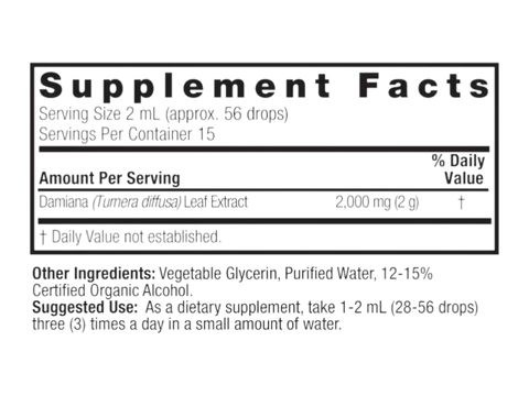 Nature’s Answer Damiana liquid extract supplement facts 30ml back labelt on a white background