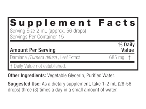 Nature’s Answer Damiana Leaf supplement facts alcohol free 30ml back label