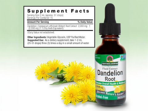 Nature’s Answer Dandelion Root liquid extract supplement facts 30ml bottle