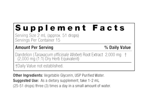 Nature’s Answer Dandelion Root liquid extract supplement facts 30ml bottle
