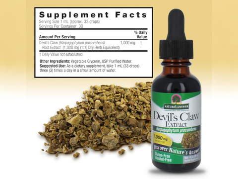 Nature’s Answer Devil’s Claw Root supplement facts alcohol free 30ml back label on a beige background