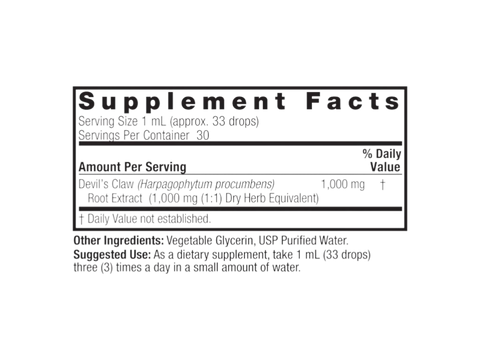 Nature’s Answer Devil’s Claw Root supplement facts alcohol free 30ml back label on a white background