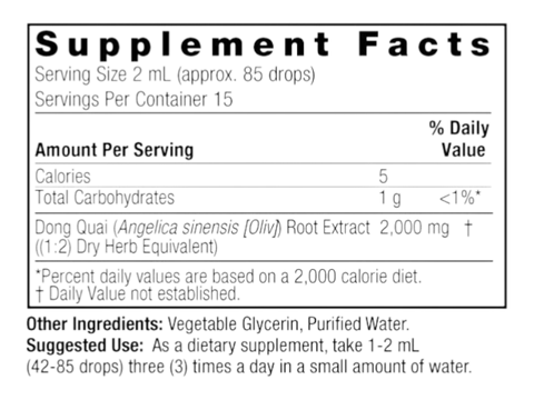 Nature’s Answer Dong Quai Root Extract alcohol-free 30ml supplement facts back label