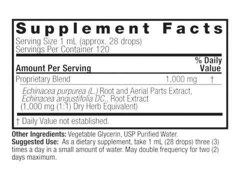 Nature’s Answer Echinacea Root supplement facts alcohol free 120ml back label on a white background.