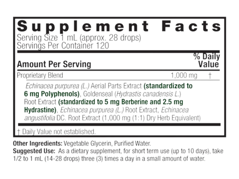 Nature’s Answer Echinacea Goldenseal supplement facts alcohol free 120ml back label on a white background