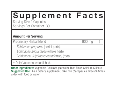 Nature’s Answer Echinacea Goldenseal supplement facts 60 vegetarian capsules back label on a white background