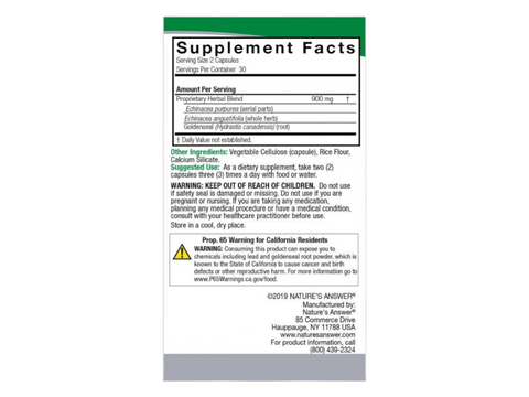 Nature’s Answer Echinacea Goldenseal supplement facts 60 vegetarian capsules back label on a white background
