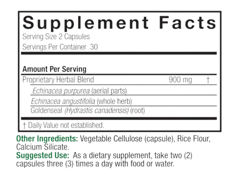 Nature’s Answer Echinacea Goldenseal supplement facts 90 vegetarian capsules back label