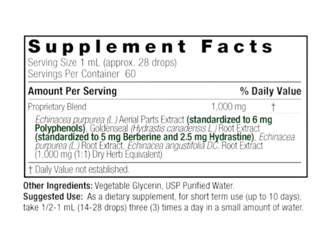 Nature’s Answer Echinacea Goldenseal supplement facts alcohol free 60ml back label on a white background