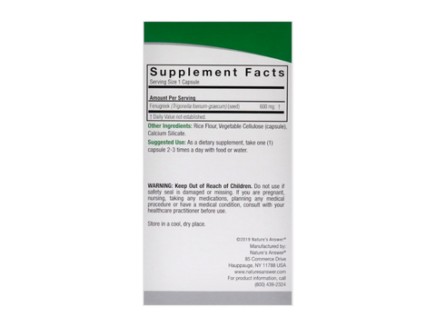 Nature’s Answer Fenugreek Seed supplement facts 90 vegetarian capsules back label