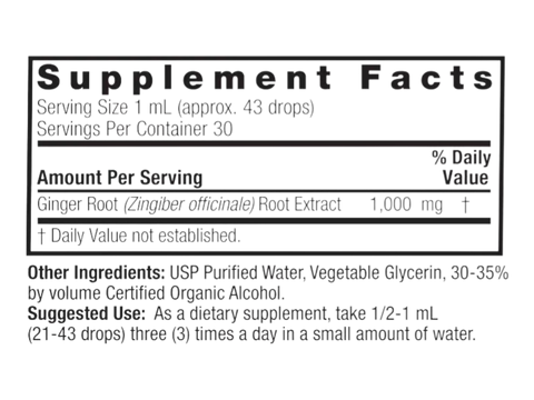 Nature’s Answer Ginger Root Liquid Extract 30ml supplement facts label on a white background