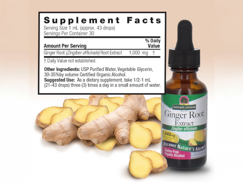 Nature’s Answer Ginger Root Liquid Extract 30ml supplement facts label on a beige background