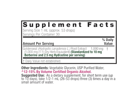 Nature’s Answer Goldenseal Root Liquid Extract 30ml supplement label on a white background.