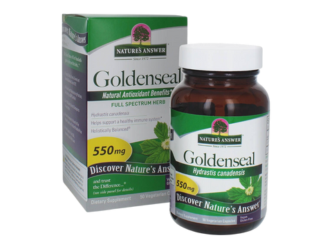 Nature’s Answer Goldenseal Root vegetarian capsules 550mg 50 count bottle & box front view on a white background