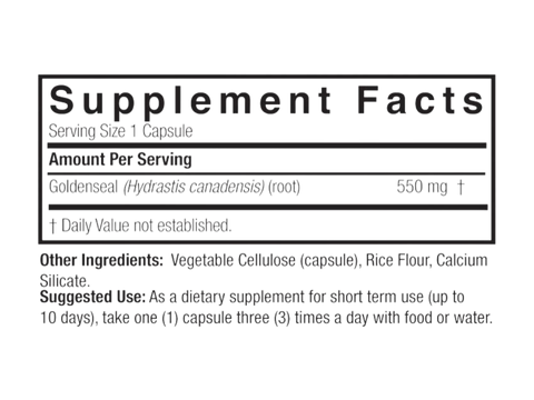 Nature’s Answer Goldenseal Root supplement facts 550mg 50 vegetarian capsules back label on a white background