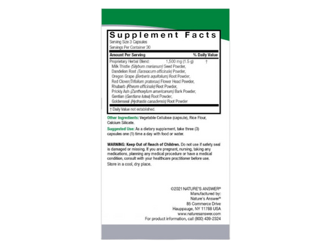 Nature’s Answer Herbal Combination Capsules 90 count supplement facts label on a white background