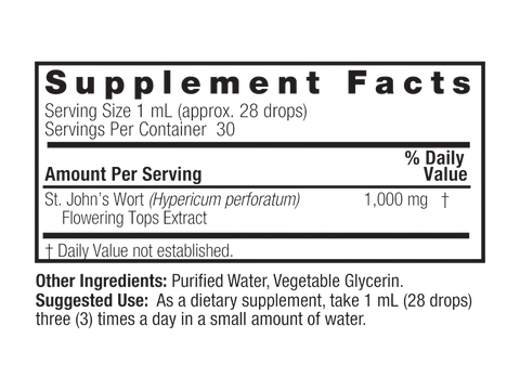 Nature’s Answer St. John’s Wort Liquid Extract 30ml supplement facts label on a white background