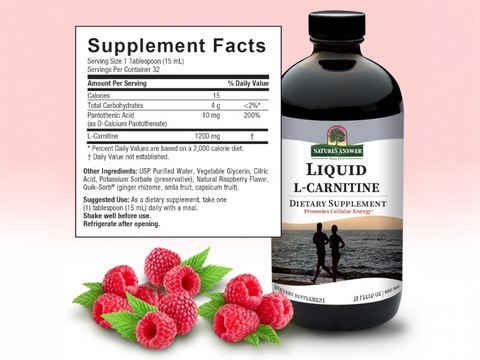 Nature's Answer Liquid L-Carnitine Raspberry 480ml bottle supplement facts and directions