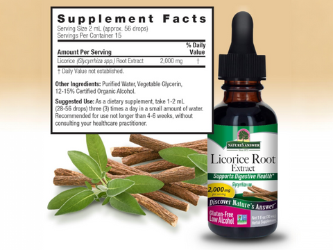 Nature’s Answer Licorice Root Liquid Extract 30ml supplement labelon a beige background