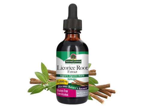 Nature’s Answer Licorice Root Liquid Extract Low Alcohol 60ml bottle front viewon a white background