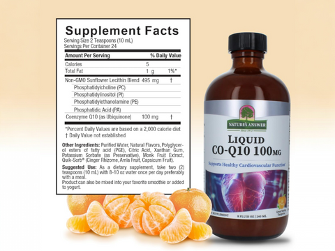 Nature’s Answer liquid CoQ10 ingredient label 240ml back view on a beige background