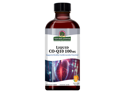 Nature’s Answer liquid CoQ10 tangerine flavour vegan supplement 240ml bottle front view on a white background.