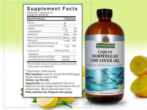 Nature’s Answer Liquid Norwegian Cod Liver Oil 480ml supplement facts label on a light green background.