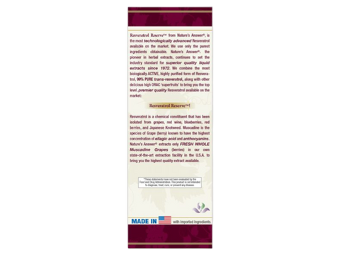 Nature's Answer Alcohol-Free Resveratrol Reserve 150ml box liquid supplement back label